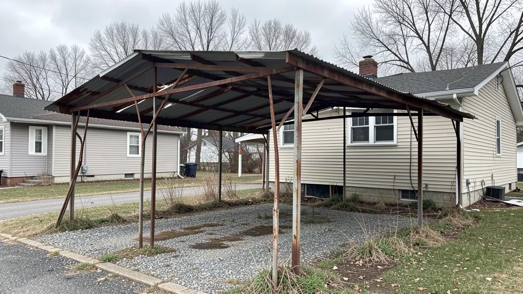 Old rusting metal carport with bent posts beside a modest suburban house