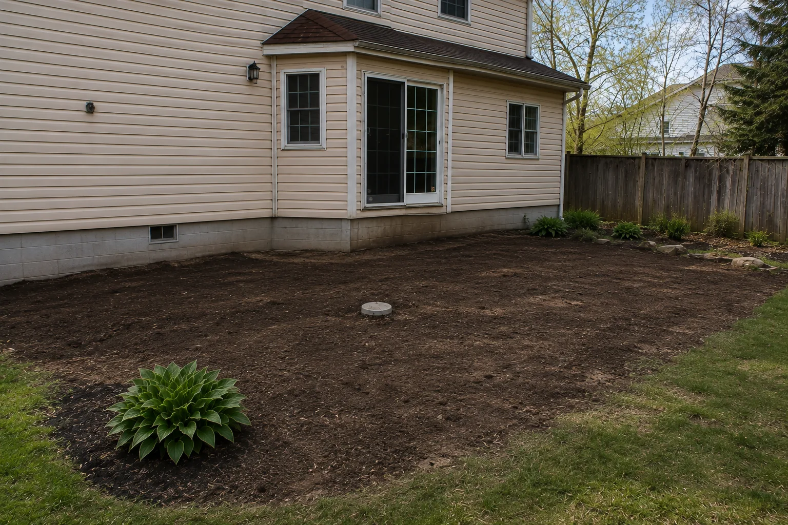 Bare soil footprint left where a wooden deck was removed, beside a house