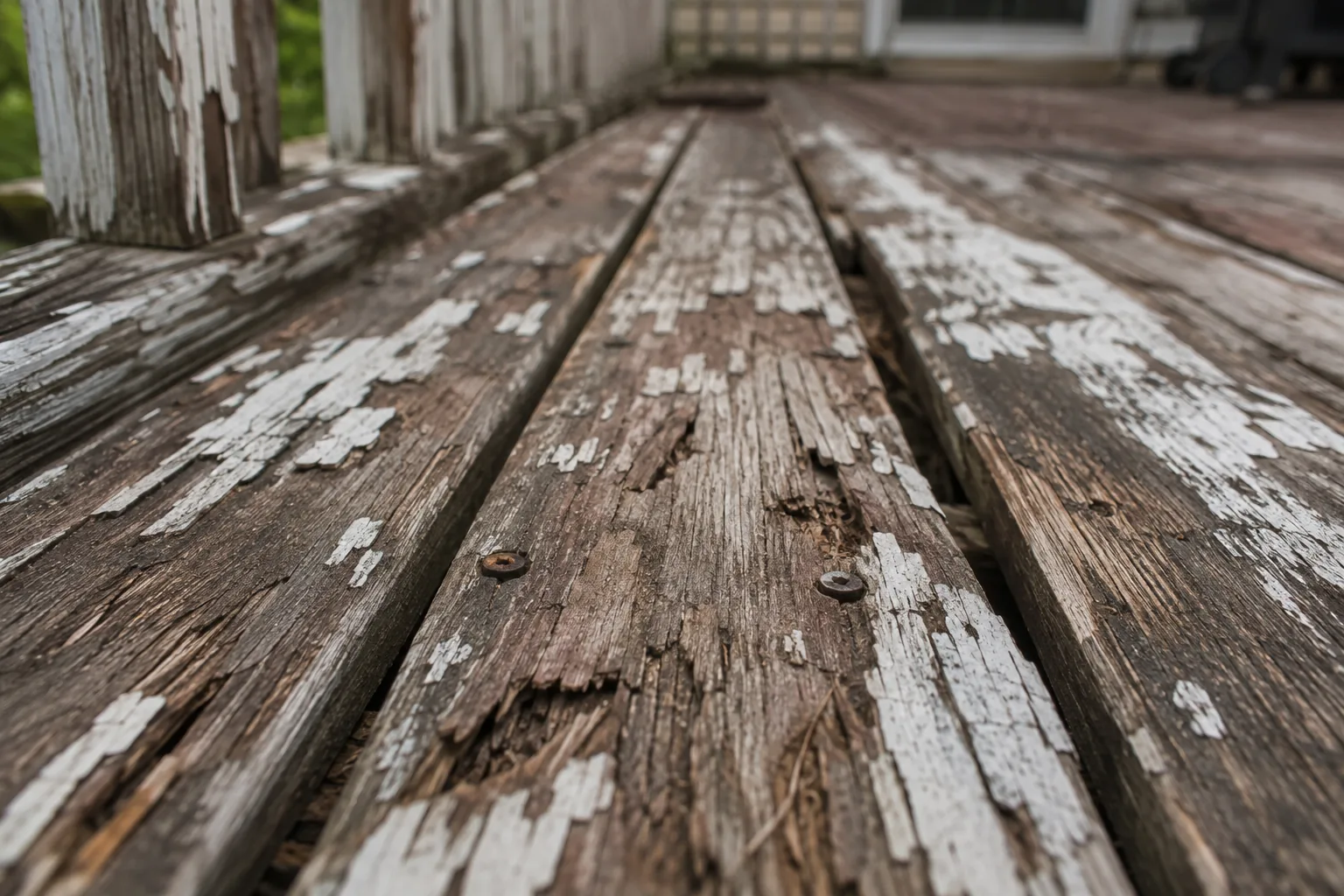 Weathered deck boards with peeling paint and splitting timber on a residential deck