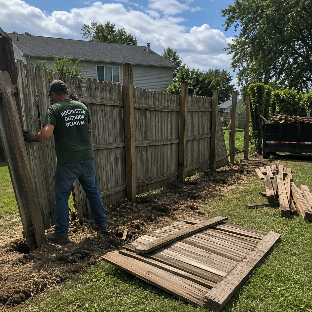 Worker dismantling a wood fence panel by hand