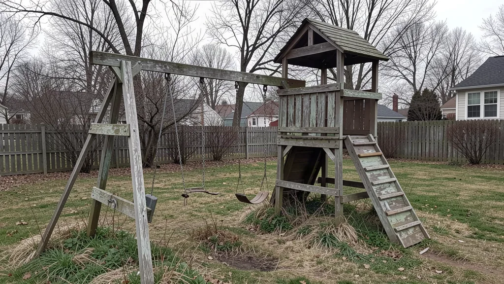 Old wooden children's playset with a sagging swing beam in a suburban backyard