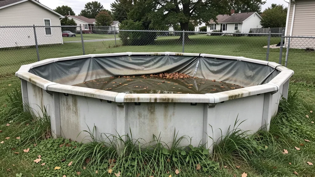 Neglected above-ground pool with a sagging wall and a half-off cover holding leaves