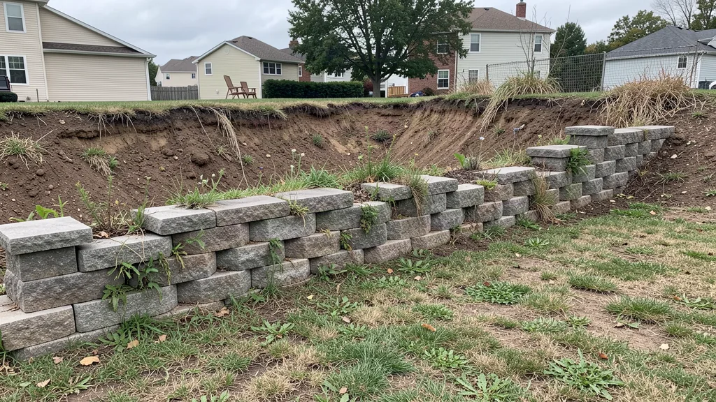 Old failing landscape block retaining wall leaning out of line with missing capstones