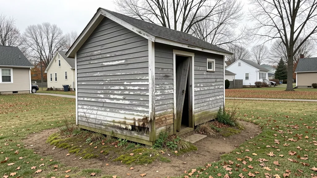 Old wooden shed with peeling paint and rot along the base, in a suburban backyard
