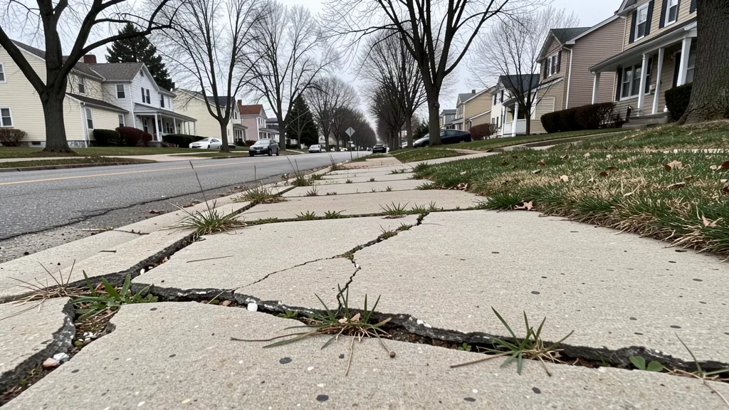 Cracked and heaved concrete sidewalk section along a residential street
