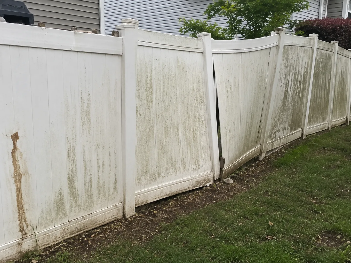 Aged vinyl fence leaning out of alignment